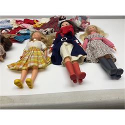 Six fashion dolls by Amanda Jane, Sindy and Barbie with various outfits, clothing and footwear