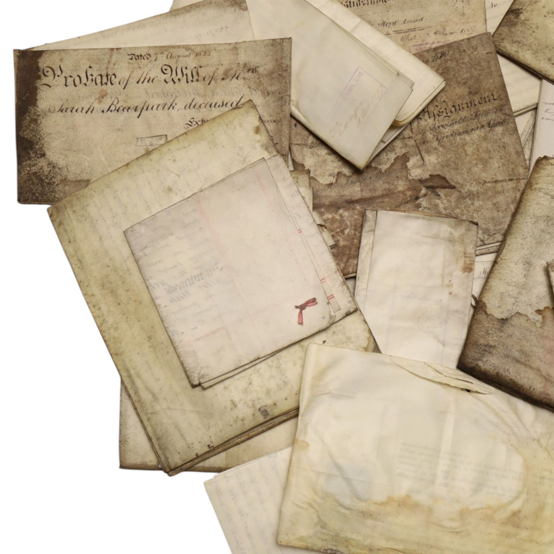 York interest - collection of 18th and 19th century vellum indentures, wills, probate documents and related papers concerning central York properties, streets and residents, including Micklegate, The Shambles, Bootham, Fishergate, Walmgate, Monkgate and Goodramgate, with probate of John Ealand, formerly of The Shambles, York, butcher, later of Swan Street, Nunnery Lane, probate of Roger Iddison of No.8 Portland Street, York, auctioneer, probate of Eliza Nottingham of Bootham Asylum, formerly of St Paul’s Square, together with documents relating to butchers, farmers, tradespeople and York families, many retaining original seals and stamps, in one box