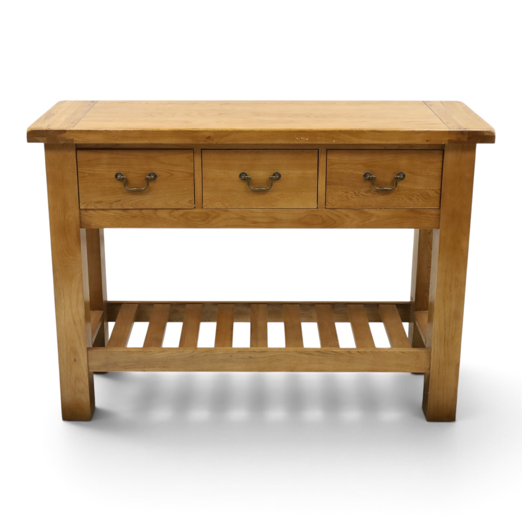 Contemporary golden ash and oak side table, rectangular top fitted with three drawers with swan-neck handles, on square supports united by slatted under-tier