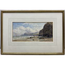 John Mogford (British 1821-1885): Children on the Beach at Boggle Hole near Robin Hood's Bay, looking over Stoupe Brow towards Ravenscar, watercolour signed and dated 1874, 17cm x 35cm 
Notes: Mogford visited the Yorkshire coast multiple times; two views of Scarborough dated 1866 were sold David Duggleby Ltd 18th June 2021 Lot 120 and Sotheby's 29th November 2000 Lot 75, and an undated view of Robin Hood's Bay was sold Phillips Oxford 9th November 2000 Lot 77.