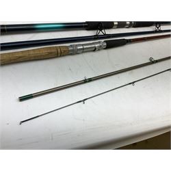 Shakespeare 'Composite Beachcaster 1332-300' 10ft two piece rod with Shakespeare alpha reel, Elastiglas two piece fly rod, Ryobi Masterline carbon fibre 'Pioneer PIF 85 Fly 8' 6