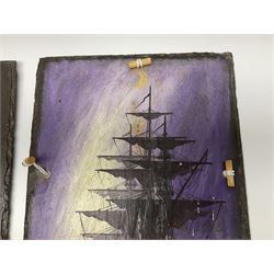 Michael J Whitehand (British 1941-): Three oil paintings of ships on slate signed, largest H40cm, L75cm