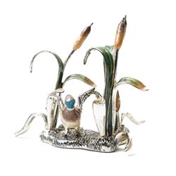 Silver and enamel model of a mallard taking flight from bulrushes and on a naturalistic base  H7cm x W7cm marked 925