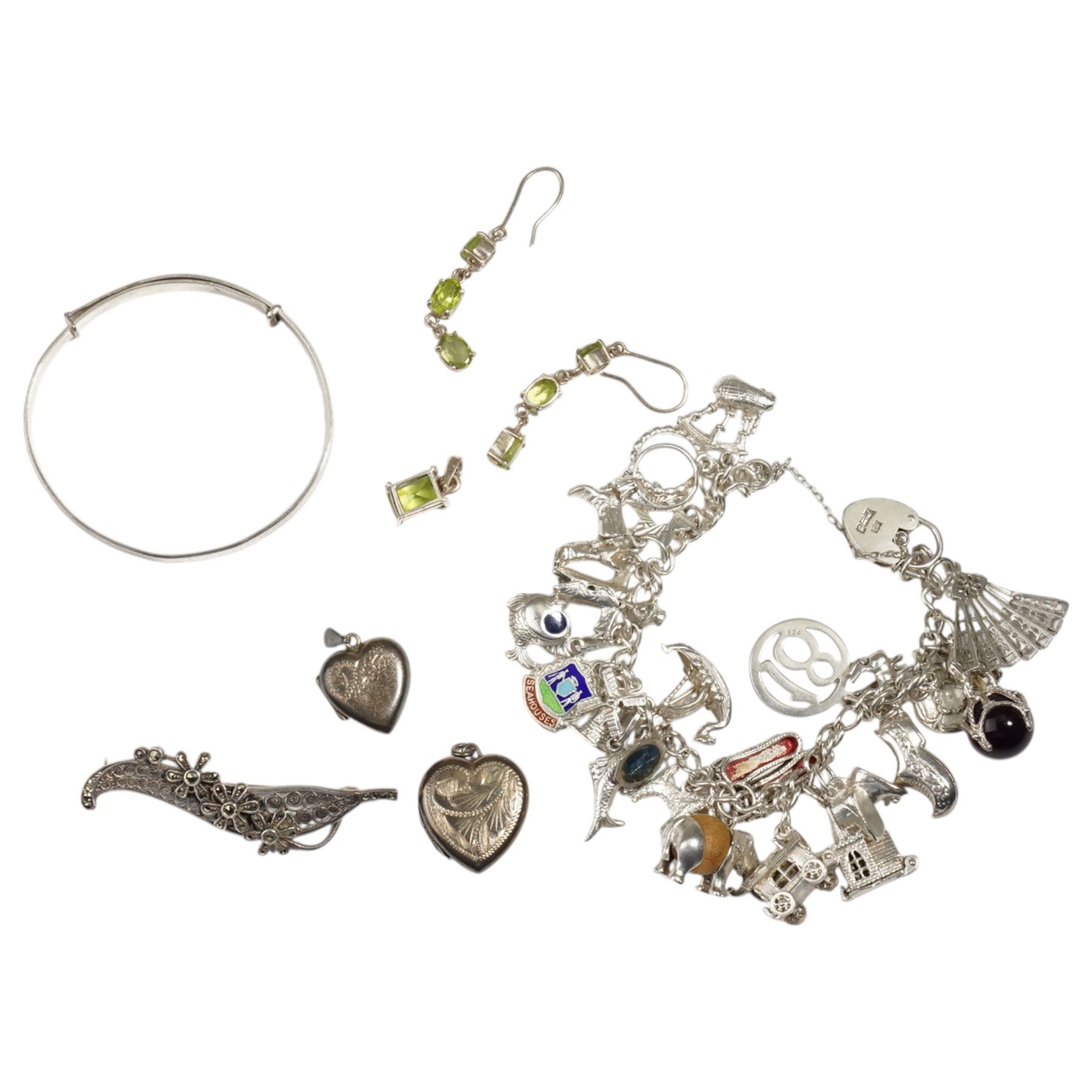 Silver jewellery including charm bracelet, bangle, stone set earrings and matching pendant and two heart pendants