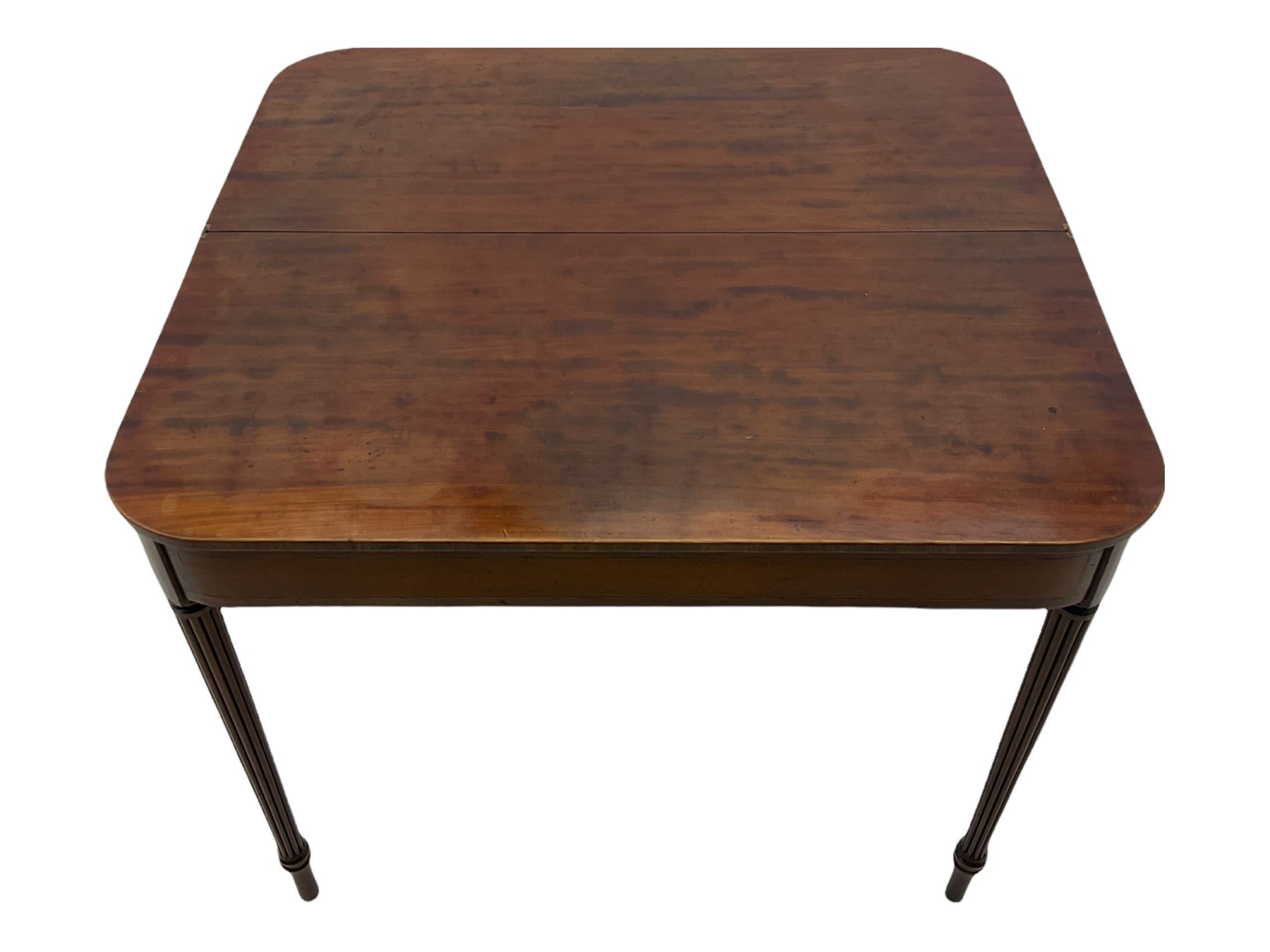 Early 19th century tea table, rectangular fold-over top with rounded corners, the frieze and sides inlaid with satinwood panels, double gate-leg action base, on reeded supports 