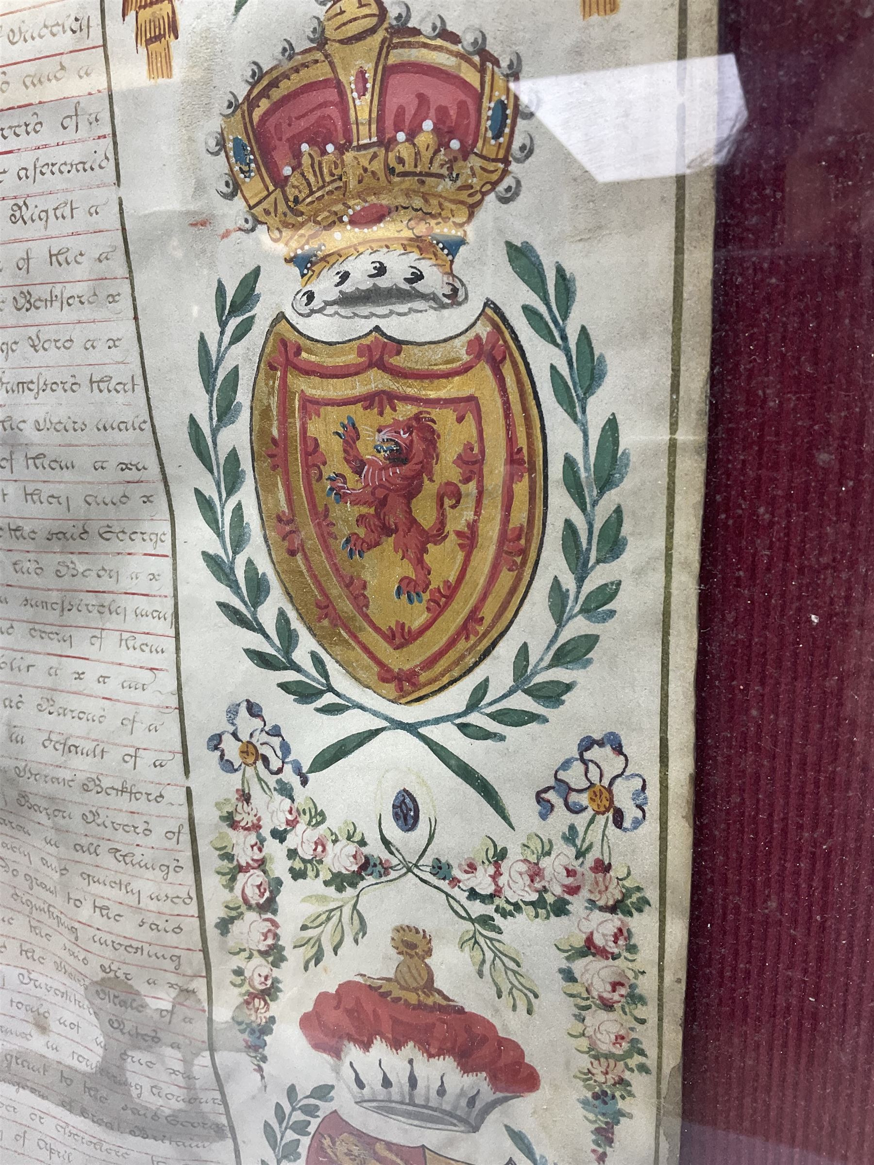 Large 18th century framed and glazed Indenture for King George III to George Rivers, Lord Rivers of Straths Saye, including frame H92.5cm L107.5cm