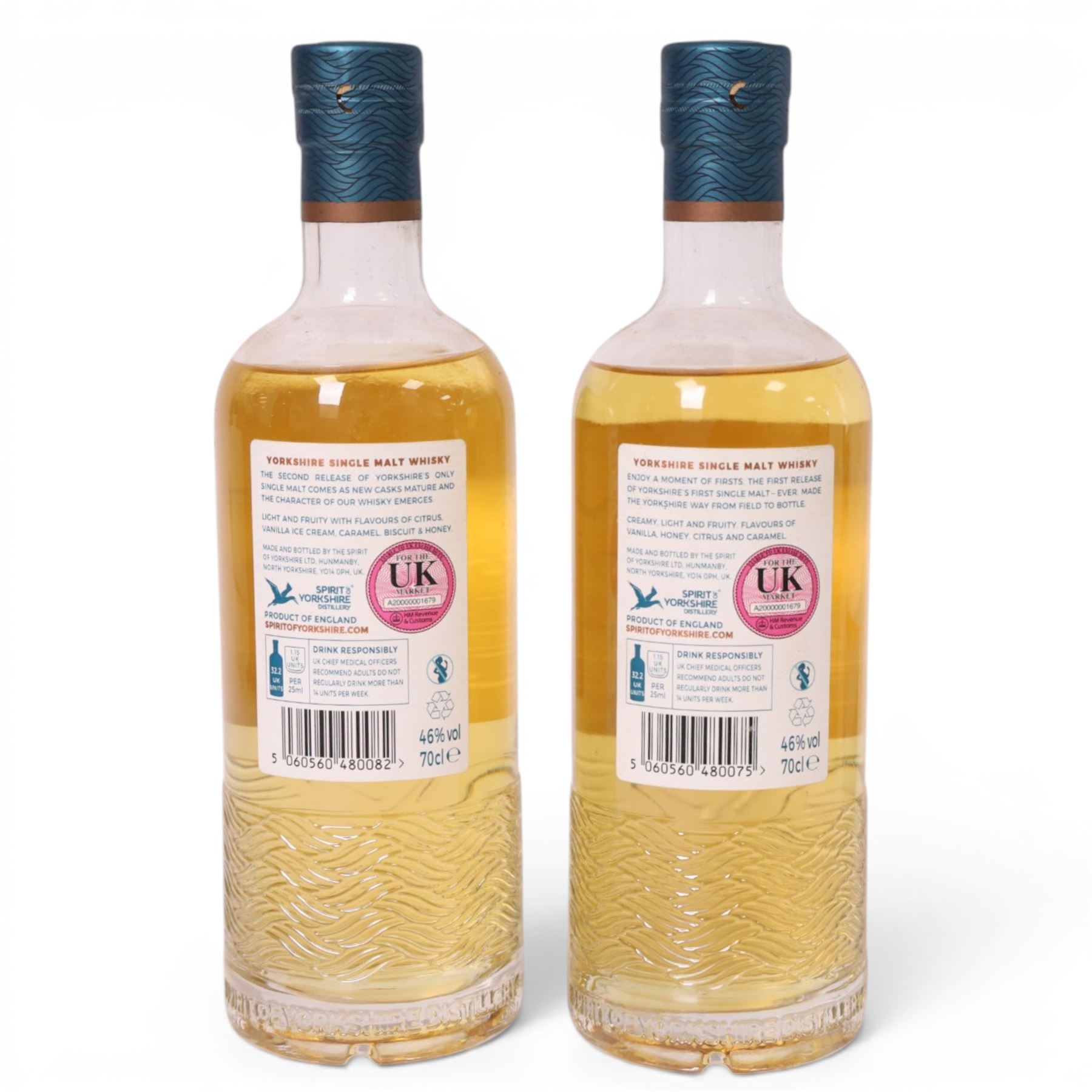 Spirit of Yorkshire Distillery, Filey Bay First Release single malt whisky, 70cl 46% vol and Filey Bay Second Release single malt whisky 70cl 46% vol