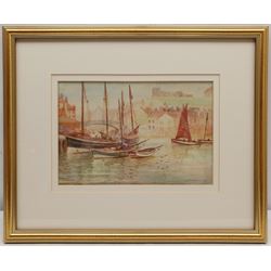 John Wynne Williams (British fl.1900-1920): Fishing Boats Moored in Whitby Harbour with view of Abbey and Swing Bridge, watercolour signed 16cm x 25cm