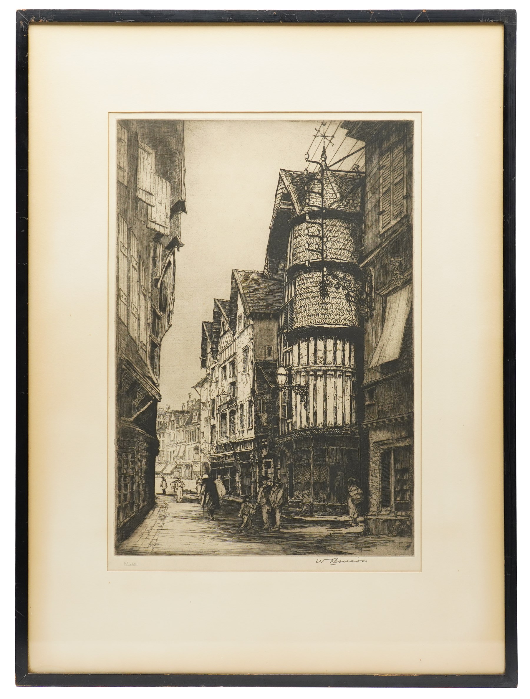 William Renison (Scottish 1893-1938): House of Saint Veronica - Via Dolorosa Jerusalem and French Town Centre; Frank Harding (British fl.1885-1890): 'Christchurch Priory'; John Fullwood (British 1851-1931): Churchyard, and Georges Huardel-Bly (French 1872-?): The Old Curiosity Shop, five monochrome etchings signed in pencil max 44cm x 30cm (5)