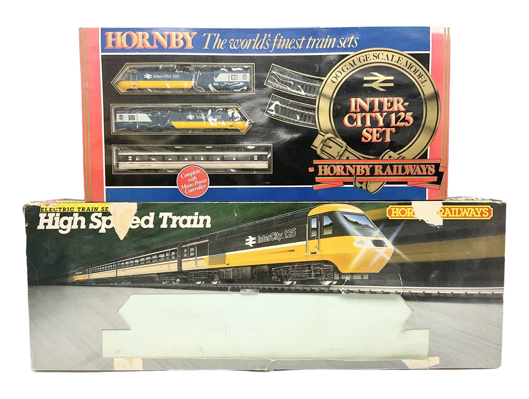 Hornby '00' gauge - Intercity 125 2-car set Nos.43010 & 43011 with one coach in original box with track and additional 4-6-0 locomotive and tender No.7476 and goods wagon; and another similar HST Intercity 125 2-car set Nos.43125 & 43126 with two coaches in original box with track and controller (2)