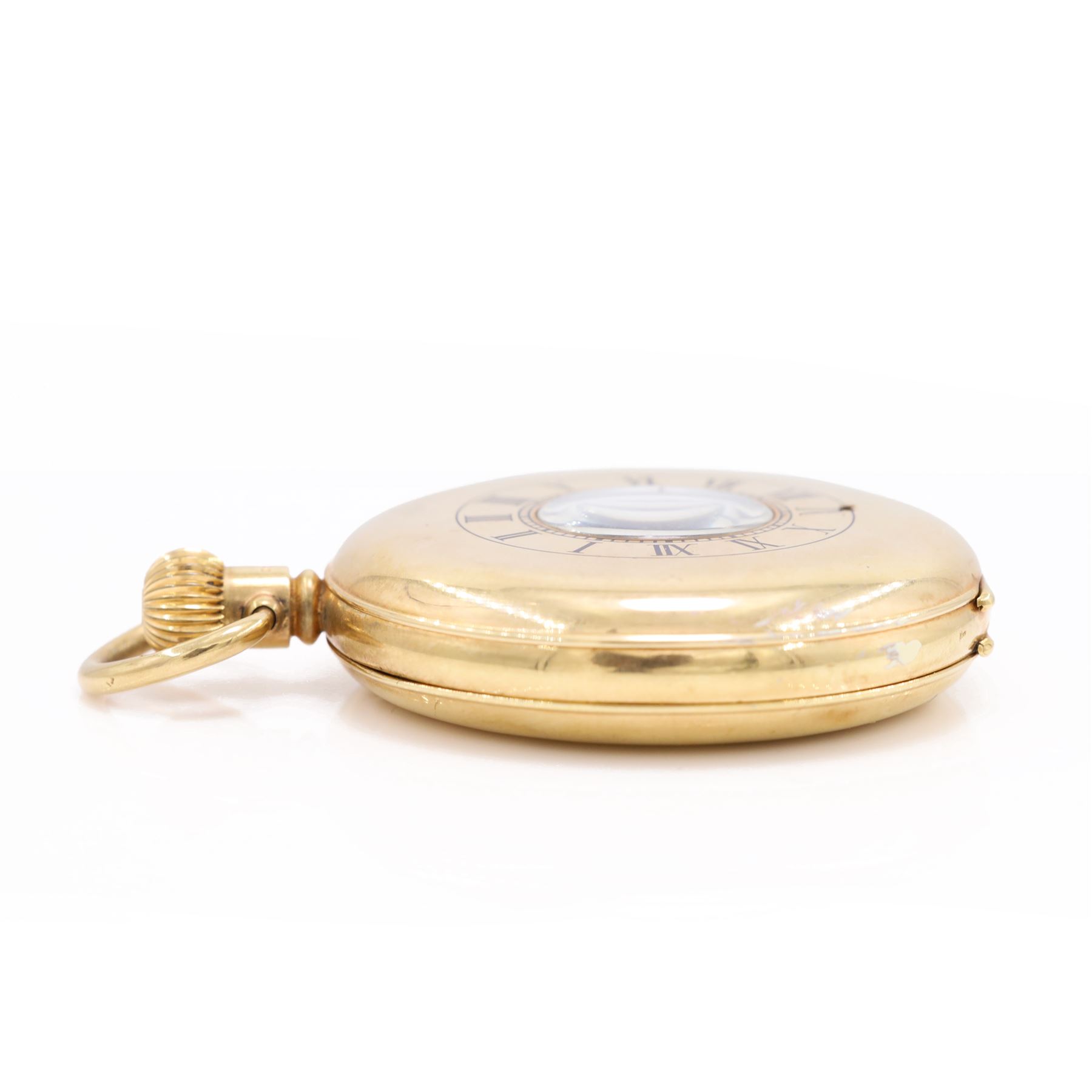 Early 20th century 9ct gold half hunter keyless lever pocket watch by Kenwell, white enamel dial with Roman numeral hour markers and subsidiary seconds dial, case by Dennison, Birmingham 1937