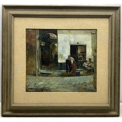 John Robertson Reid (Scottish 1851-1926): The Cobbler - Italian Street Scene, oil on canvas laid on to board signed 40cm x 45cm