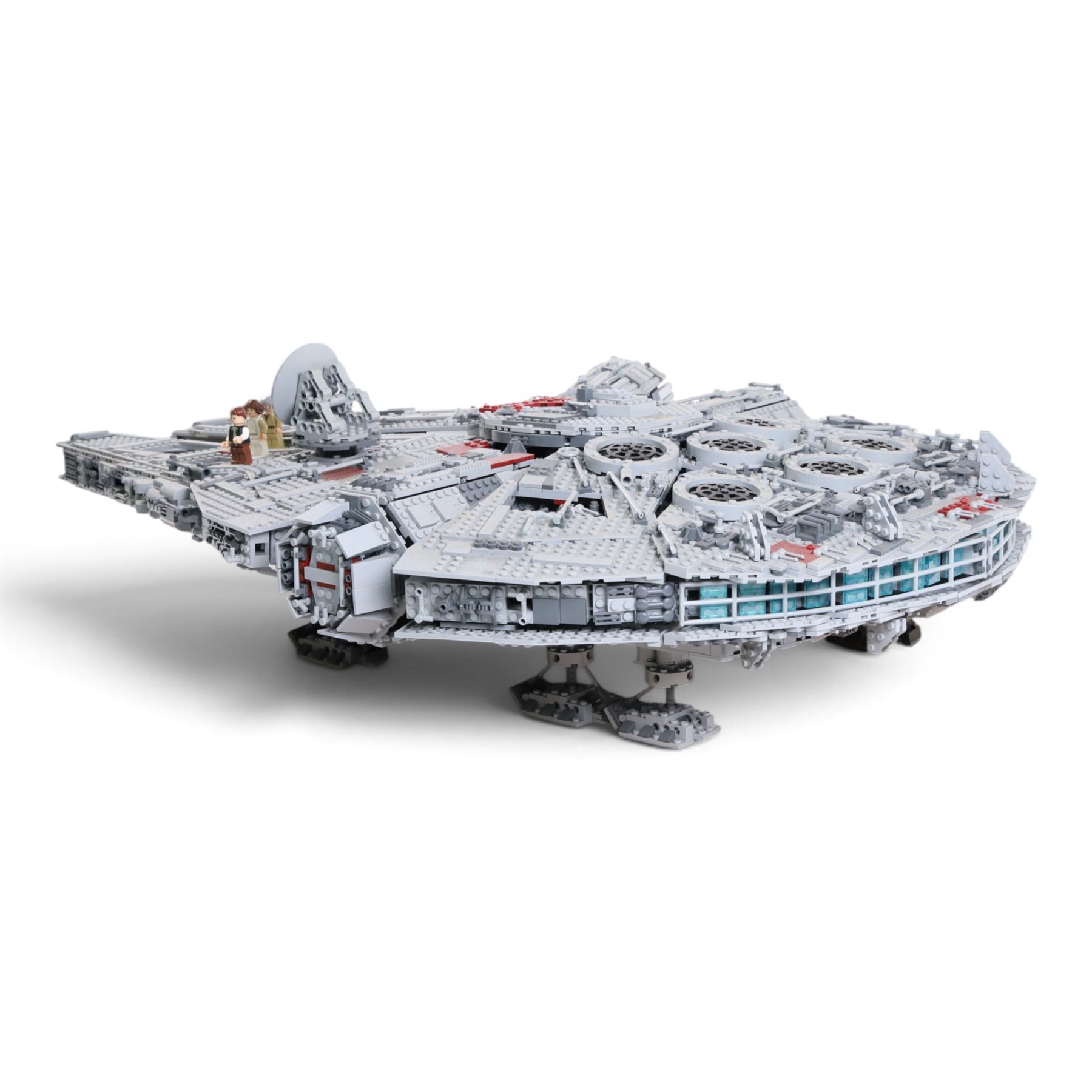 Three Lepin Star Wnrs built models, comprising Red Five X-Wing Starfighter no. 05039, Millennium Falcon no. 05132 and Super Star Destroyer no. 05028