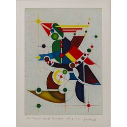 Hans-Joachim 'Jockel' Reisner (German 1938-2023): 'Arche Noah' and Geometric Abstract, pair of coloured etchings signed and dated 1998 and 2003, one titled in pencil 22cm x 15.5cm (2)
Notes: Reisner is best known for creating the Bradford City Fire Memorial in 1986. His style of printmaking is characterised by geometric lines and shapes, influenced by his degree in engineering.