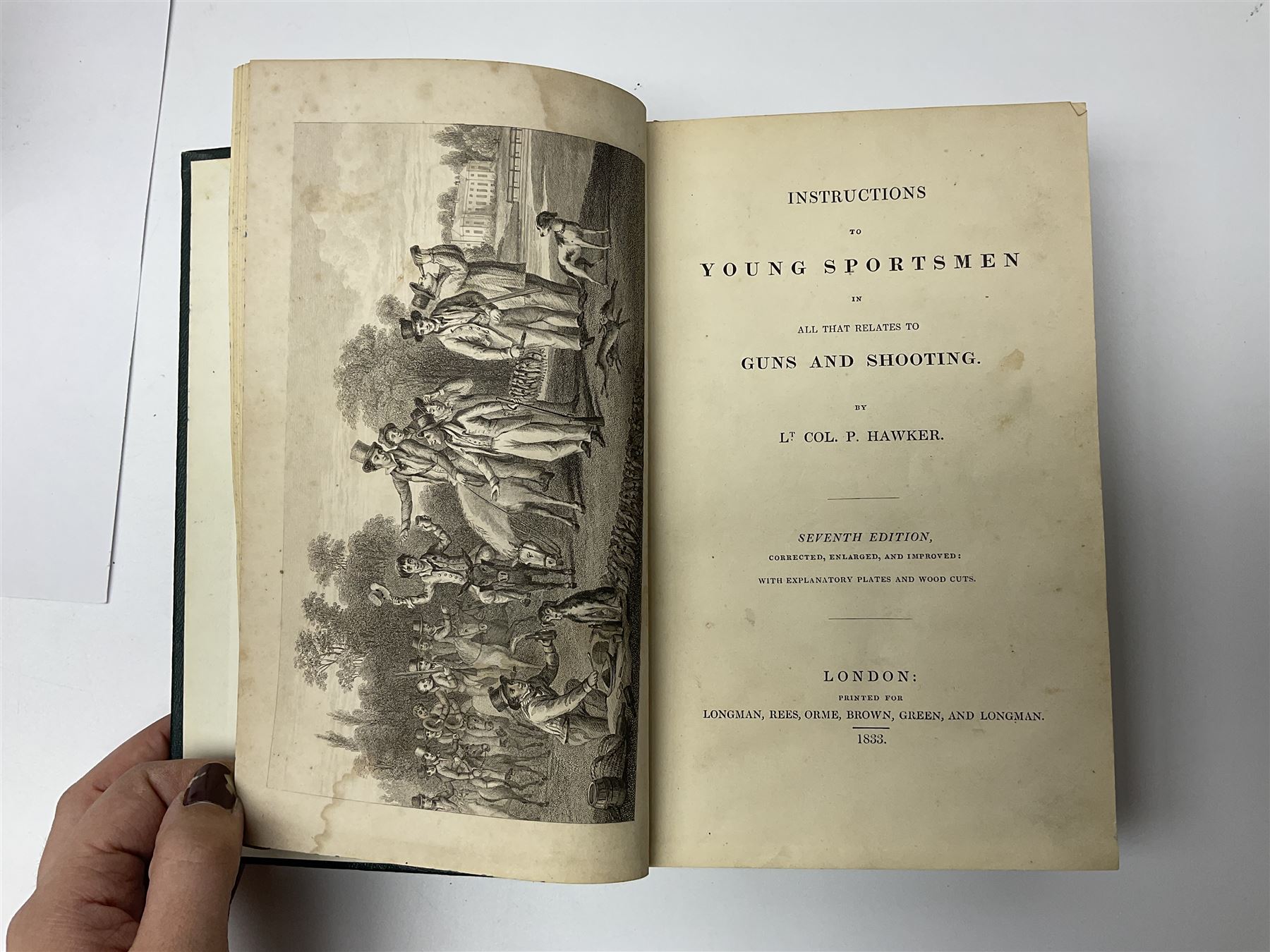 Hawker Lt. Col. P.: Instructions to Young Sportsmen in all that Relates to Guns and Shooting. 1833 7th edition. Re-bound in green cloth; Harting James Edmund: Hints on Shore Shooting.1871; Army Field Service Pocket Book. 1938. Contains numerous bound pamphlets; Ferrar Major M.L.: Officers of The Green Howards. 1920; Blake George: Mountain & Flood - History of the 52nd Lowland Division. 1950; and XV International Brigade. 1975 (6)