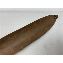 Australian Aboriginal shield, carved with Kangaroo and Emu, 74.5cm; Spear painted with aquatic creatures 78cm, and Spear thrower 81cm (3)