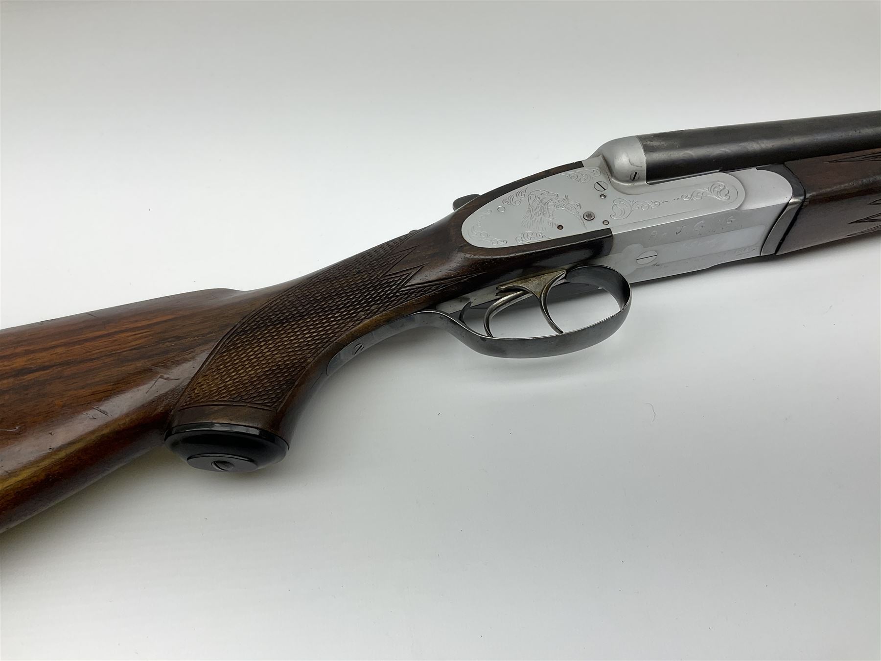 Czechoslovakian BRNO 12-bore side-by-side double barrel sidelock non-ejector sporting gun with Poldi electroplating, the action crudely inscribed '24040544 Pte. J. Ging 1st Battalion Loyal Regiment 1965-1968 Malta G.C.', walnut stock with chequered pistol grip and fore-end and thumb safety, one sling swivel, serial no.5199866, L114.5cm overall RFD ONLY AS LACKING VISIBLE PROOF MARKS