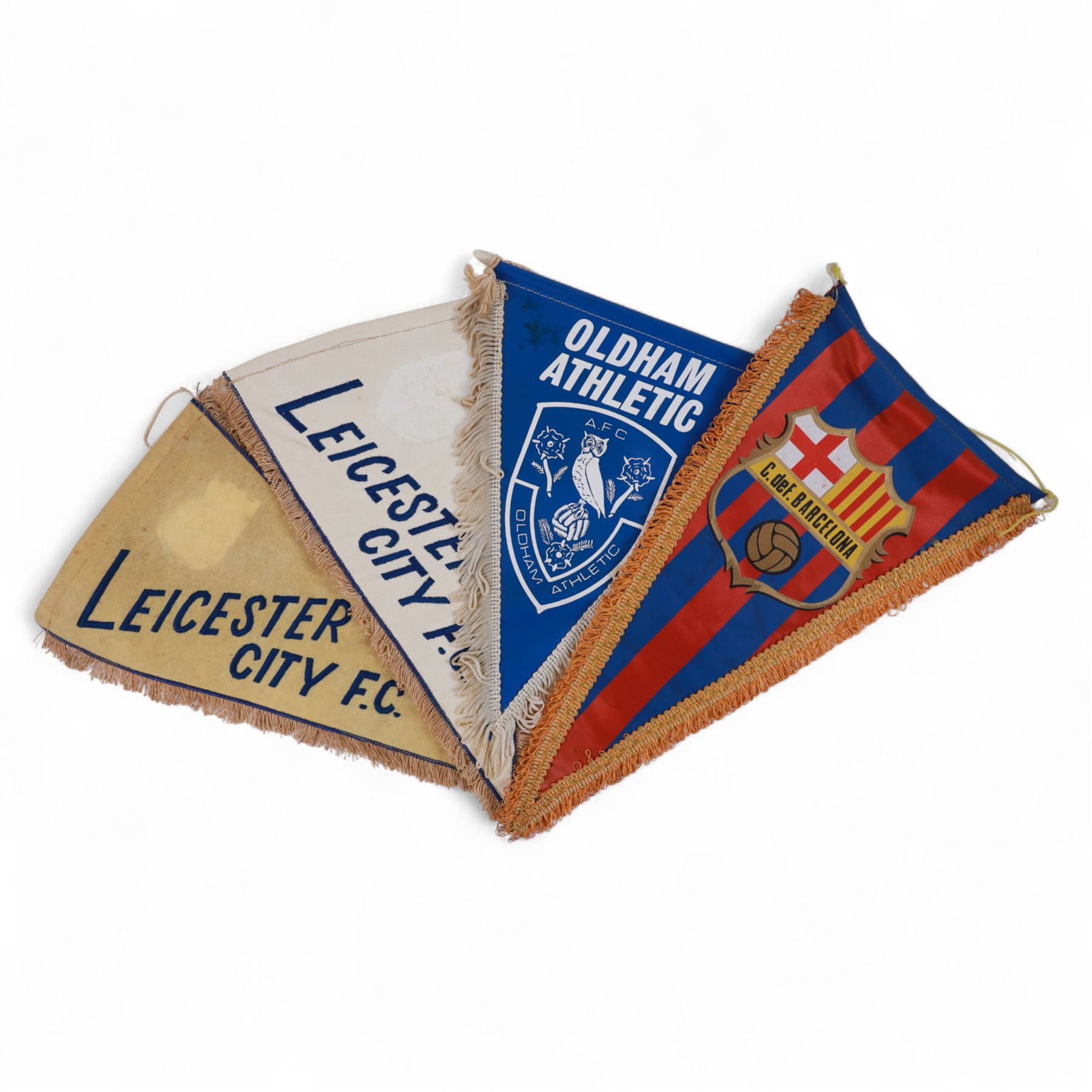 Eight football pennant flags, including Chelsea FA Cup Winners 1970, C.deF.Barcelona and two Leicester City examples, from the estate of Colin Appleton