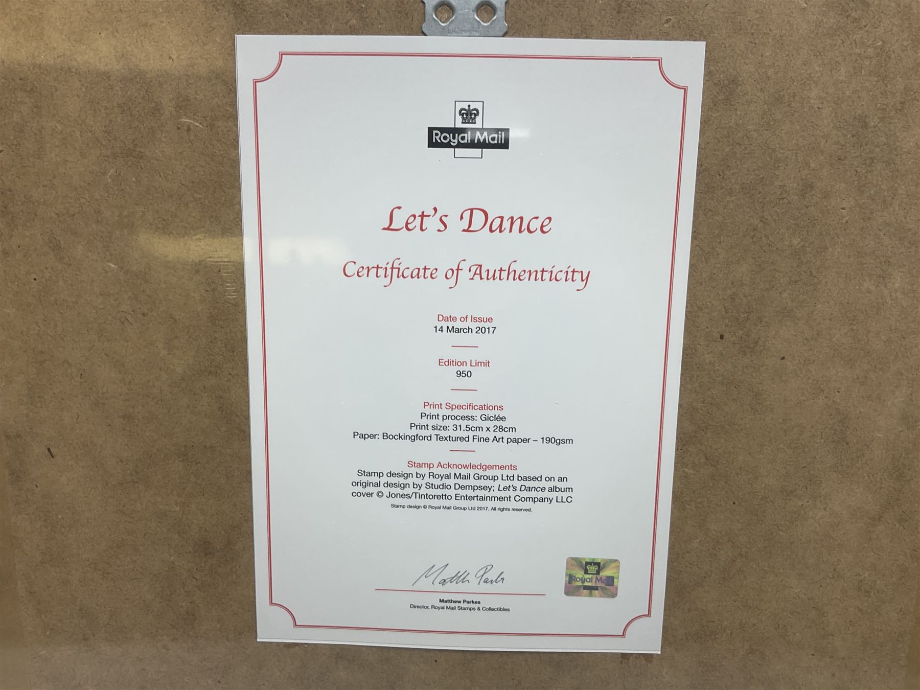 Set of four Royal Mail David Bowie limited edition album stamp prints, comprising Blackstar, Heroes, Let's Dance and Aladdin Sane, all framed and in original packaging, H43cm W43cm