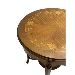 French style inlaid walnut and Kingwood centre table, segmented veneers to circular moulded top inlaid with trailing foliate, on tapering supports joined by circular undertier with gallery