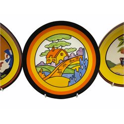 Seven limited edition Wedgwood Clarice Cliff plates, comprising Orange Roof Cottage, Caravan, Windmill, Windbells, Summerhouse, Honolulu and Bridgewater D20.5cm. 