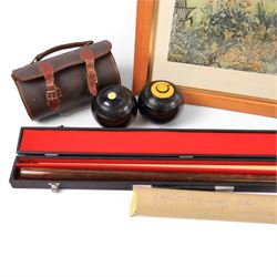 Two sets of cased bowls, together with bowls print etc