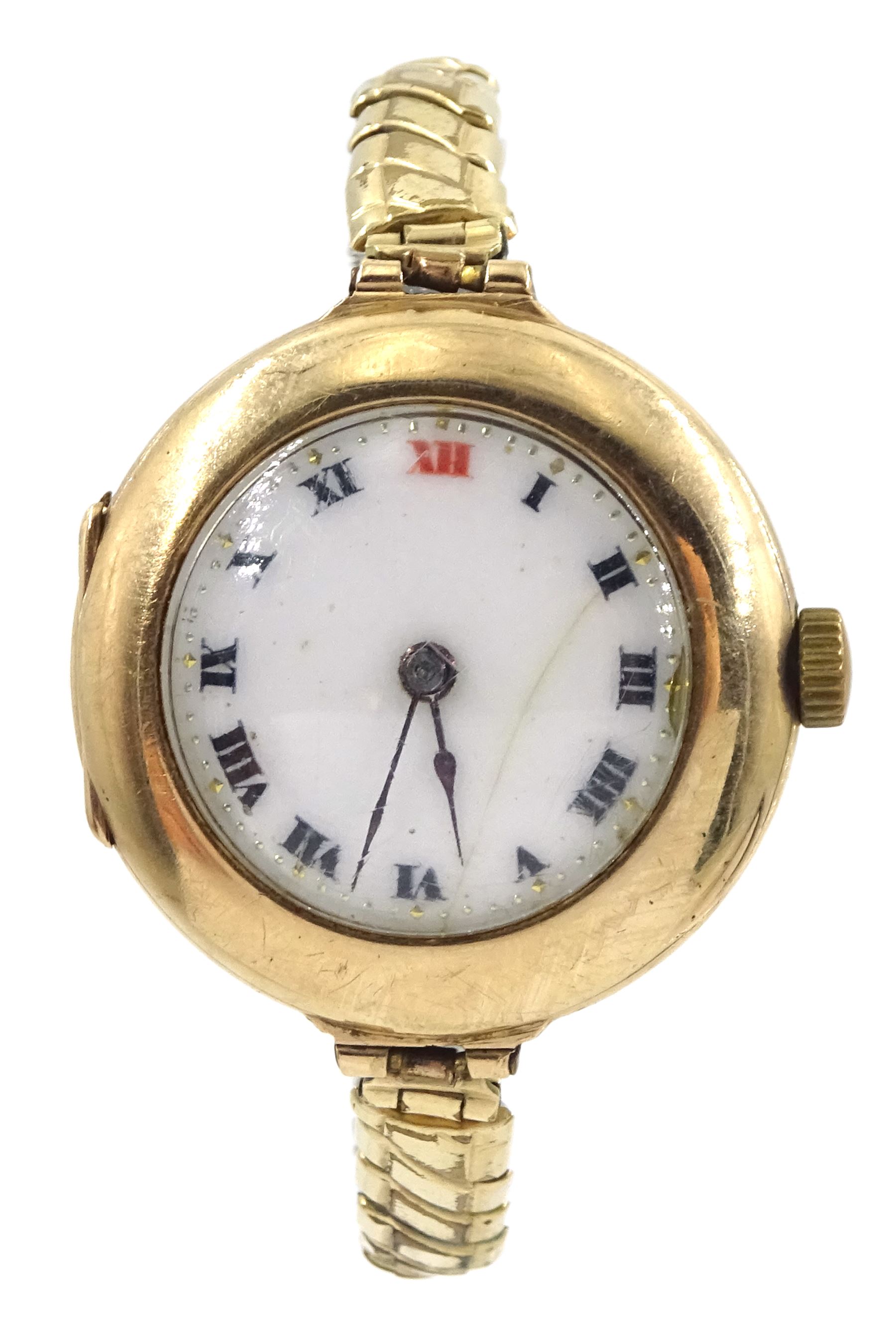 Rolex 9ct gold manual wind wristwatch, white enamel dial with Roman numerals, case by Aaron Lufkin Dennison, Birmingham 1918, on gilt strap
