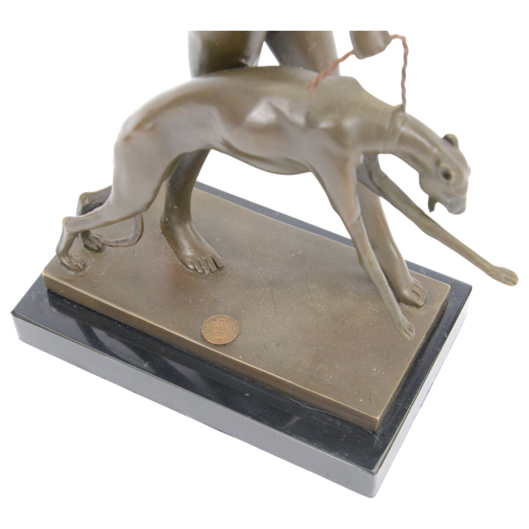After Edward McCartan, Art Deco style bronze figure, Diana and the Hound upon a marble base, signed and with foundry mark, H31cm