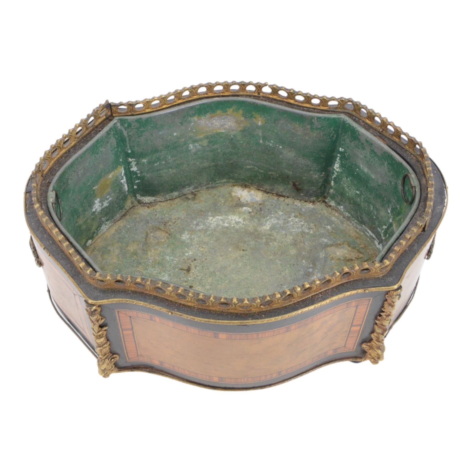 19th century French gilt metal mounted ebonised, kingwood and birdseye maple table jardinière, of serpentine form upon four compressed bun feet, with lift out metal liner, H15cm W33cm D24cm