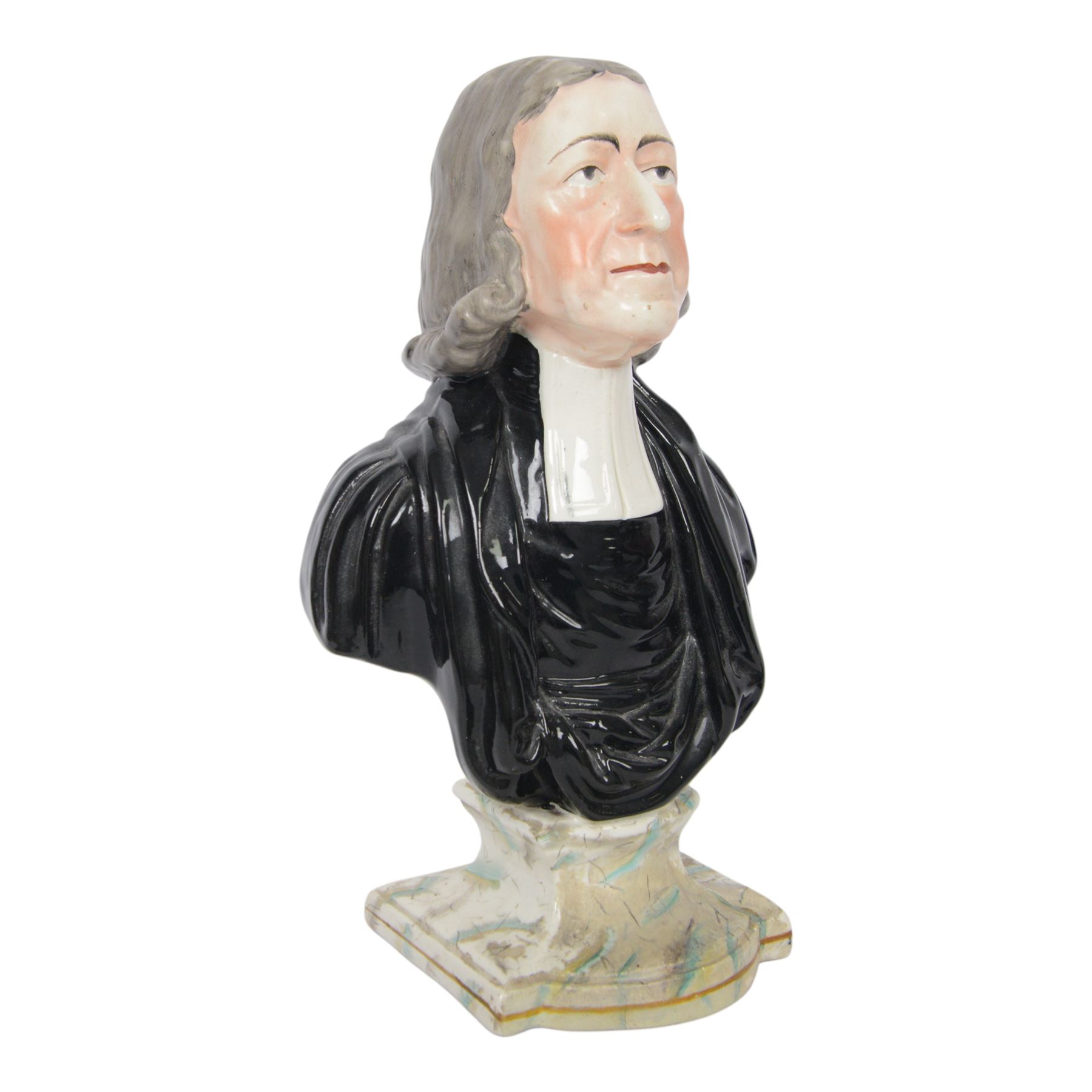 19th century Staffordshire Enoch Wood pottery bust, The Reverend John Wesley, mounted on a shaped marbleised plinth, with inset plaque to reverse, H30cm