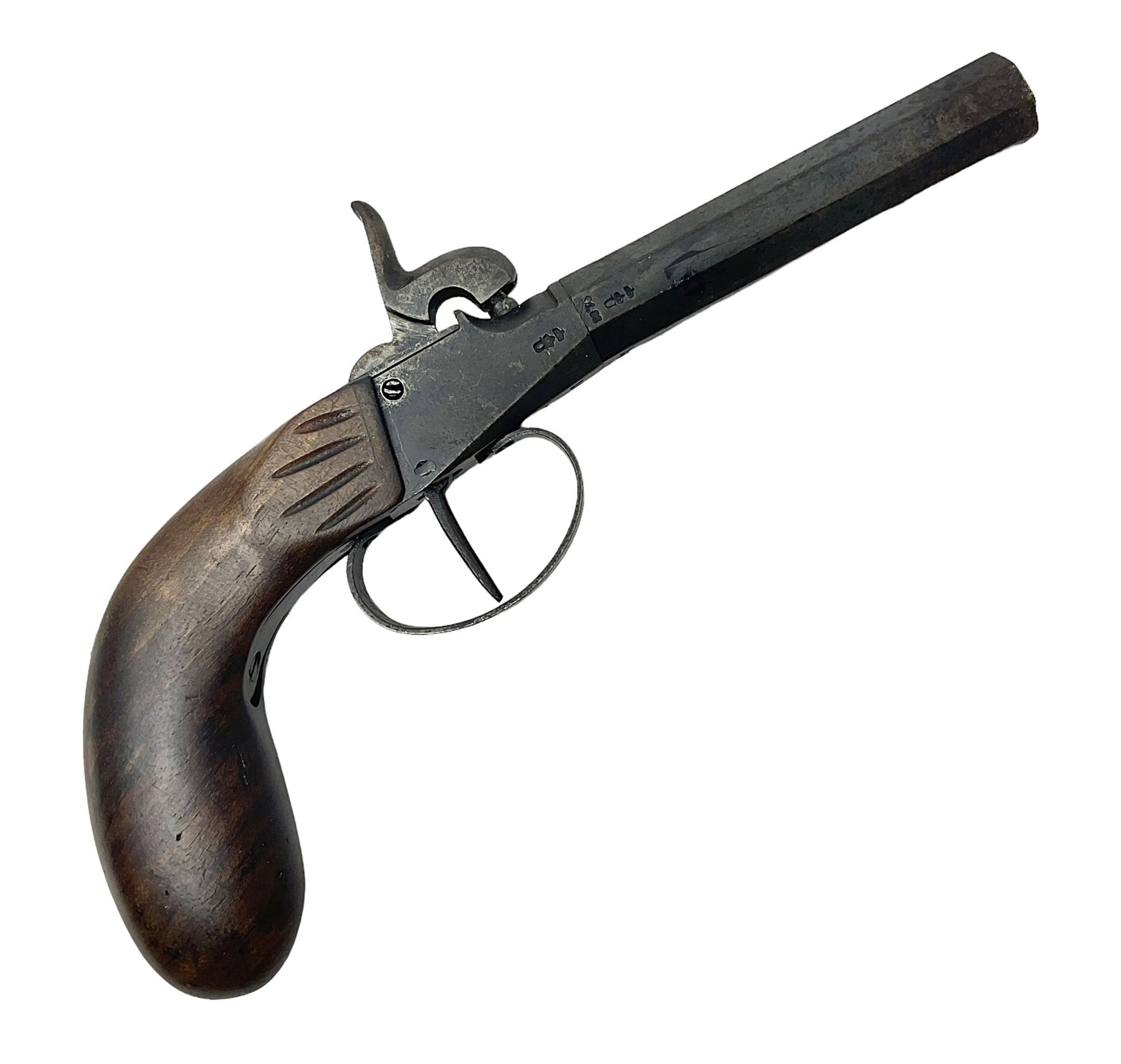Percussion pocket pistol, 9cm octagonal barrel with German proof marks, figured walnut stock 21cm overall