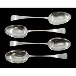 Set of four Victorian silver serving spoons, Old English and Pip pattern, with engraved initial 'S' by Thomas Bradbury & Sons Ltd, Sheffield 1896, approx 12oz