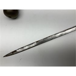 Leather covered swagger/sword stick with 40cm steel blade L62cm overall; another ash sword stick with 30cm diamond section steel blade; pair of fencing foils, the blades marked Solingen; two reproduction flintlock pistols; and 92cm inert cartridge belt (7)