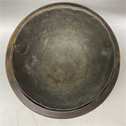 19th century pole lathe turned sycamore bowl, the interior housing lead liner, the exterior decorated with bands of deep grooves, D28cm
