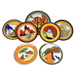 Seven Wedgwood limited edition Clarice Cliff Design plates, comprising Red Roofs, Blue Lucerne, Farmhouse, Orange House, Fantasque Mountain, Orange Roof Cottage and Orange Erin, all with certificates of authentication  