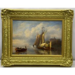 Nicolaas Johannes Roosenboom (Dutch 1805-1880): Rowing Boat approaching a Royal Barge, oil on panel signed on flotsam lower right 33cm x 47cm