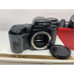 Minolta Dynax 5xi camera body serial no 17222646 with 'AF Zoom Xi 28-80mm 1:4(22)-56' lens serial no 17220881, Minolta SRT101 camera body serial 1944687, Lumix camera body serial no K6SC10168 etc 