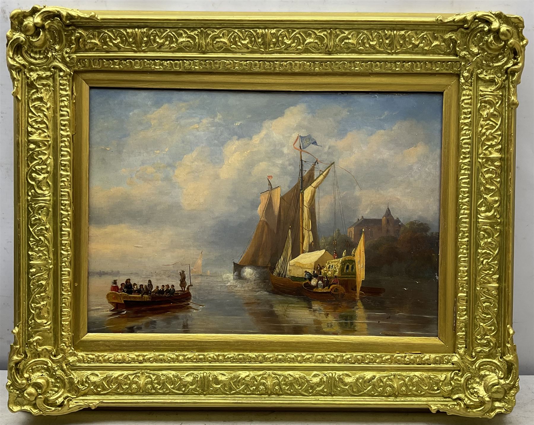 Nicolaas Johannes Roosenboom (Dutch 1805-1880): Rowing Boat approaching a Royal Barge, oil on panel signed on flotsam lower right 33cm x 47cm