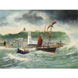 Robert Sheader (British 20th century): Leaving Scarborough Harbour under Stormy Skies, oil on board signed and dated 1993, 42cm x 56cm