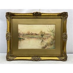 Charles Henry Clifford Baldwyn (British 1859-1943): River Landscape with Church, watercolour signed 30cm x 45cm 
Notes: Baldwyn was a Worcester artist, starting work at the Royal Worcester porcelain factory at the age of 15. He was most famous for his beautiful paintings of swans in flight.