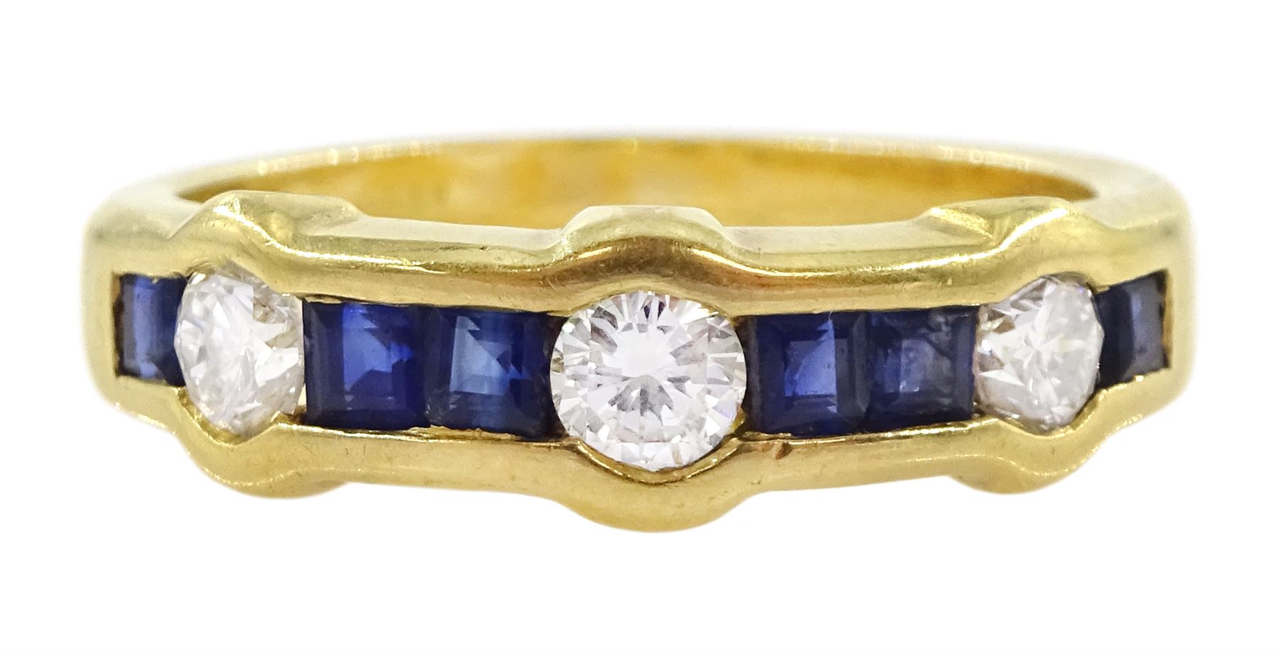 18ct gold round brilliant diamond and calibre cut sapphire half eternity ring, Sheffield 1996, total diamond weight approx 0.45 carat