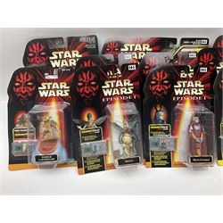Star Wars - twenty-five 1998/1999 Star Wars Episode One figures and accessory sets by Hasbro in original card backed packaging; both Collection 1 and 2 with Electronic Commtalk reader for each figure's commtalk chip.