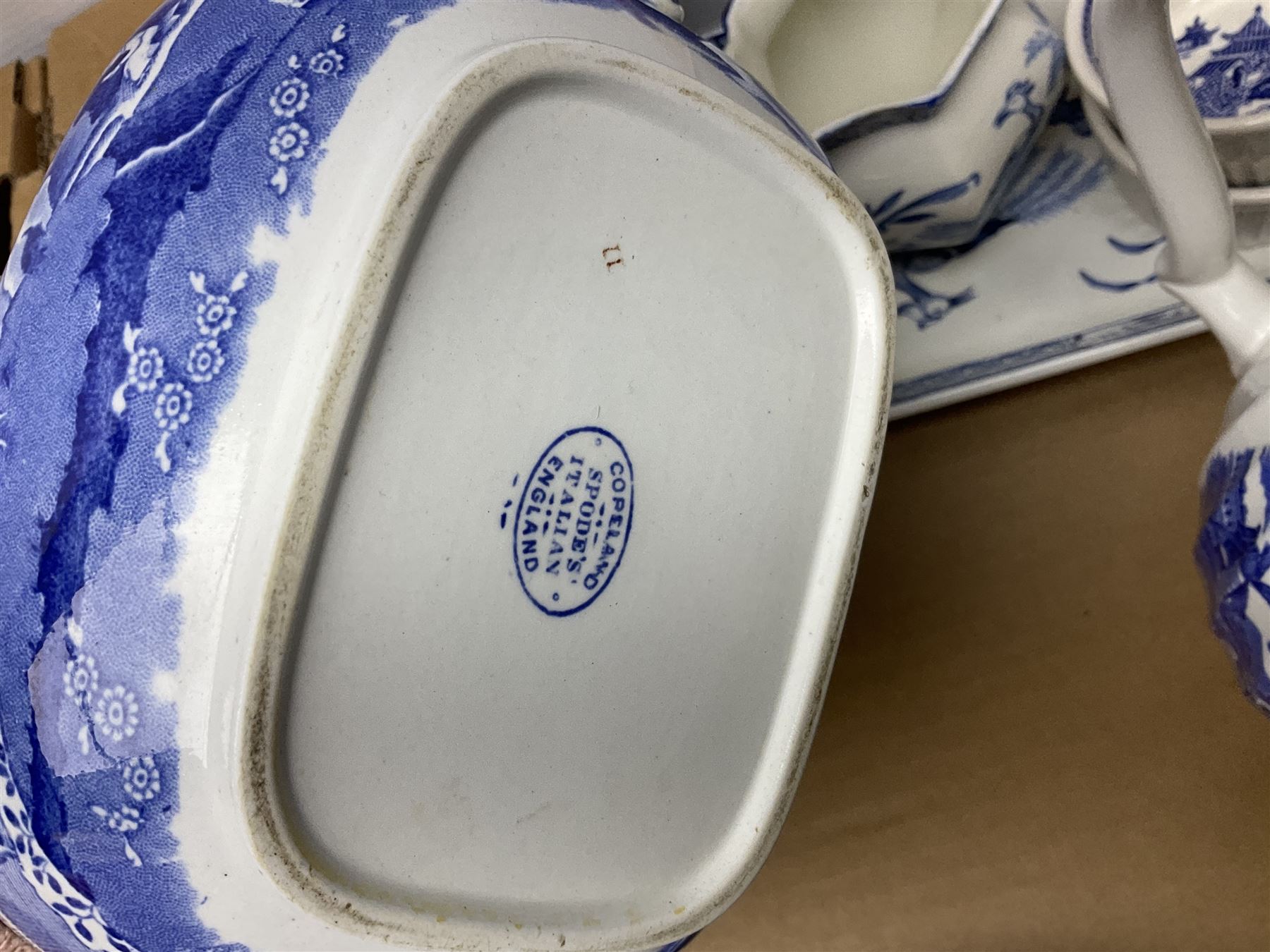 Large collection of blue and white ceramics, to include Spode Italian pattern with blue mark, Wood and Sons Yuan, pickle dish, Delft style etc, dinner plates, tea wares, bowls etc in six boxes