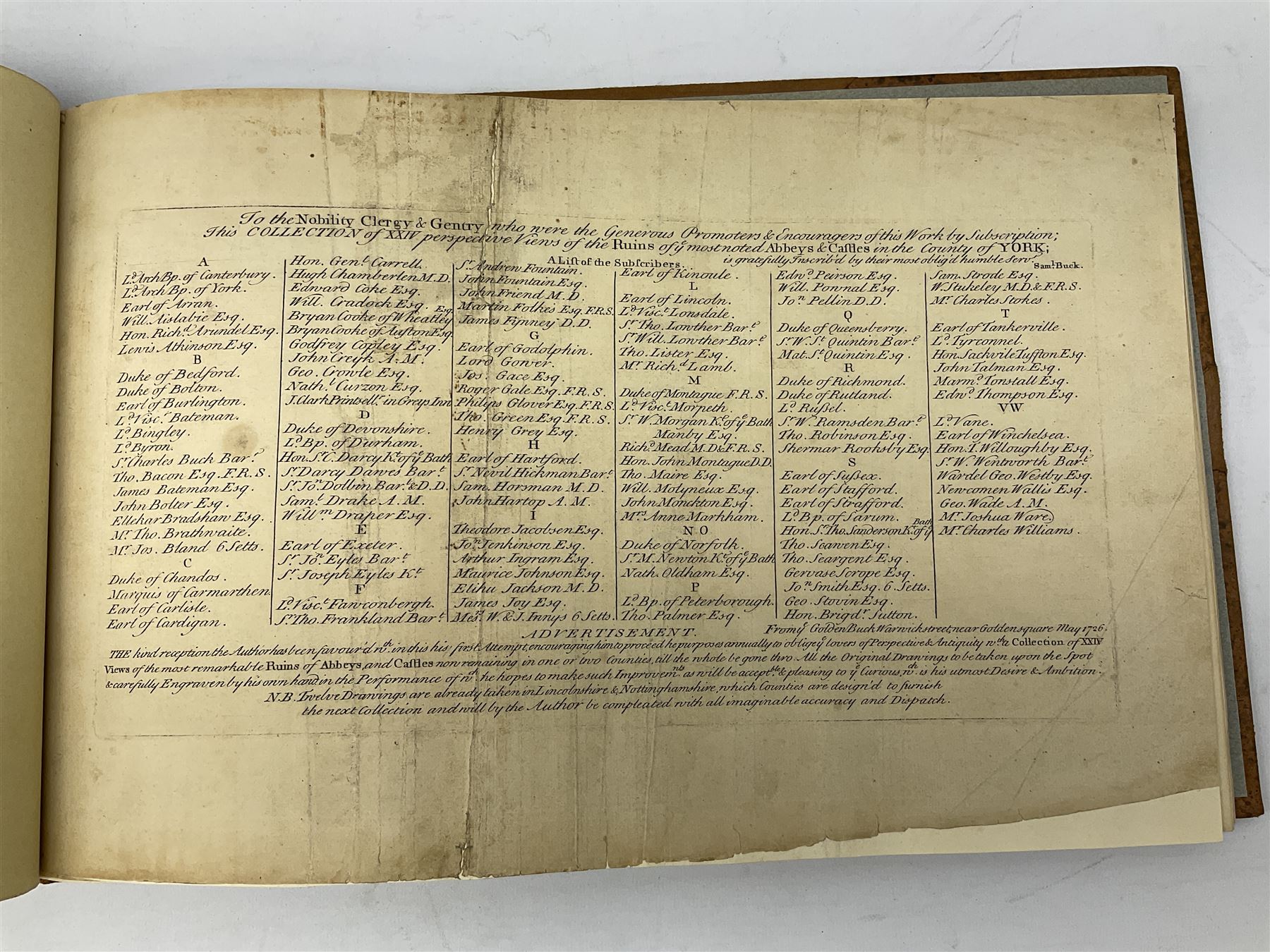 Samuel Buck: Ruins, Abbeys and Castles of Yorkshire. Bound collection of twenty-five engraved views dated 1720 - 1728 including Burstal Abbey Hull, Bolton Abbey, Whitby Abbey, Scarborough Castle, Malton Priory etc and list of subscribers; oblong folio; mottled half leather and suede binding by Etherington, Thorpe & Co., Pudsey