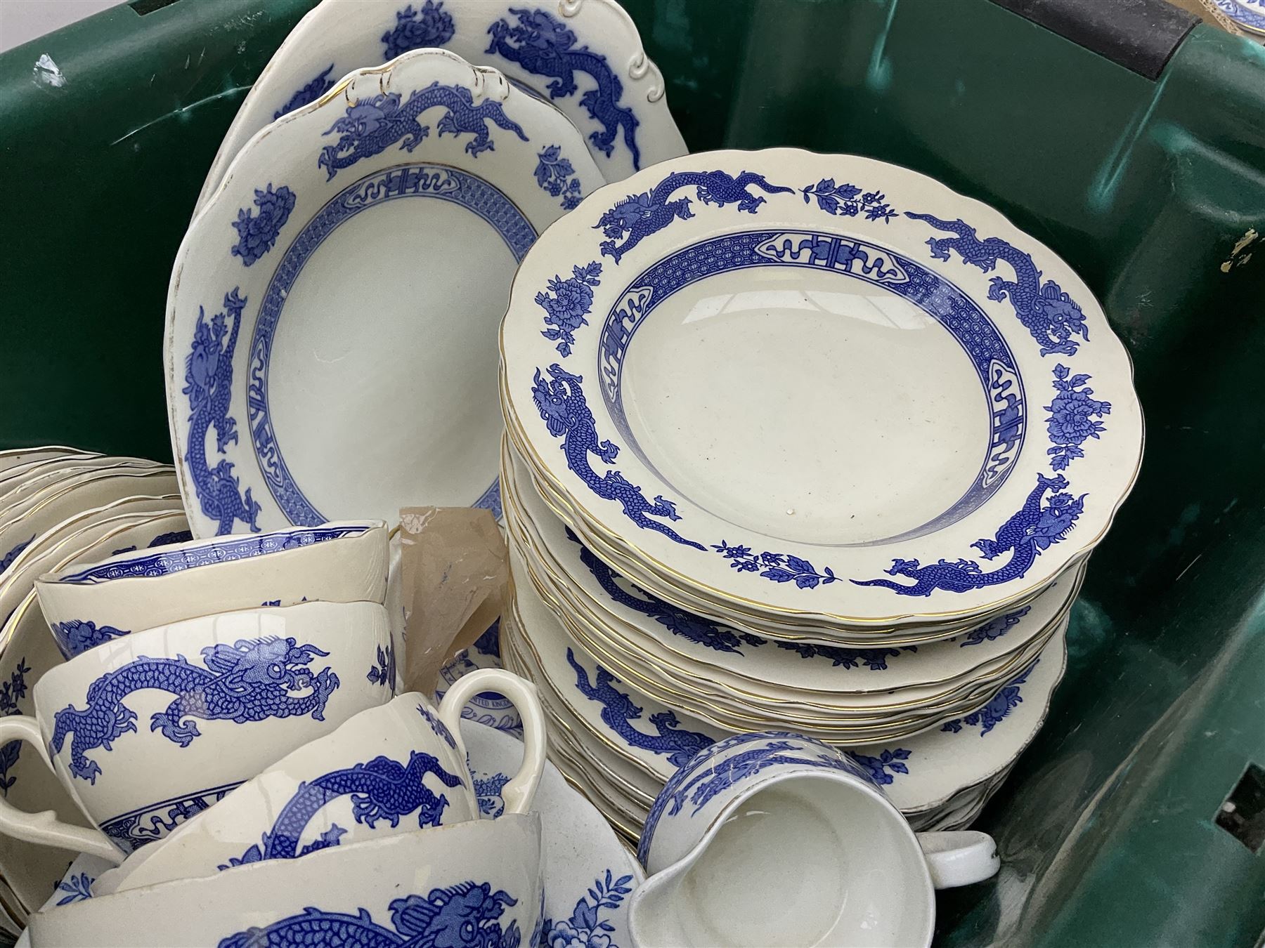  Burleigh ware jug with squirrel handle, together with similar falcon ware jug,  Shelley vase decorated in an orange colourway with fluted rim, and Royal Cauldon Dragon pattern tea and dinner wares, in two boxes