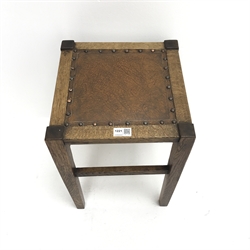 Arts and crafts oak stool, leather upholstered seat, square tapering supports, W32cm, H46cm, D32cm
