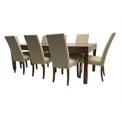 Cherrywood rectangular extending dining table, fitted with single drawer to end, together with set six high back dining chairs upholstered in neutral fabric 