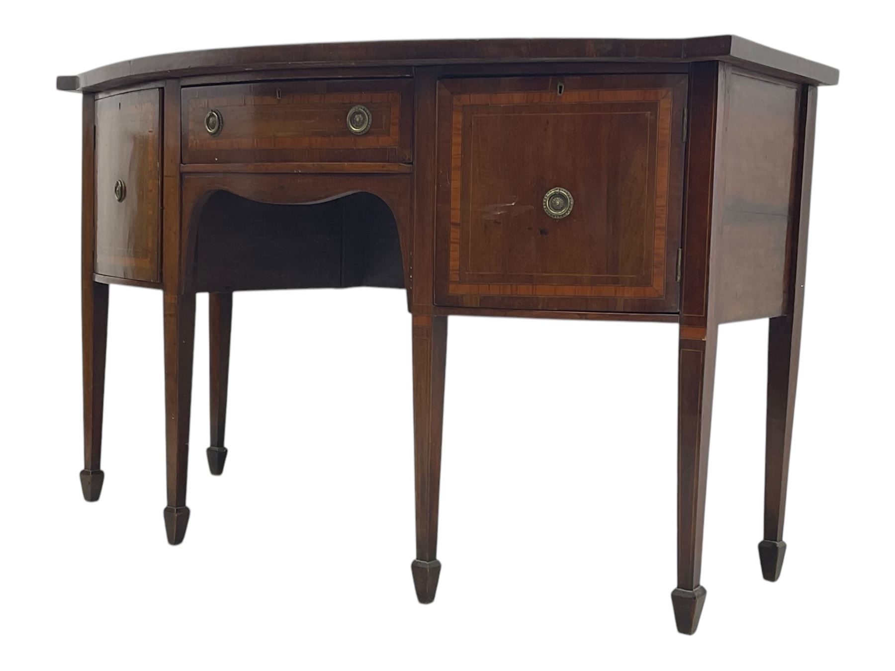 Early 19th century inlaid mahogany bow-fronted sideboard, the top inlaid with satinwood band, fitted with two cupboards and single drawer, on square tapering supports with spade feet 