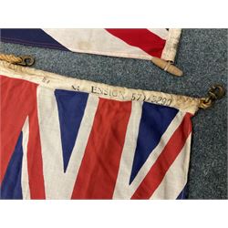 Six flags - White Ensign 180 x 86cm; two Union flags 180 x 86cm and 132 x 62cm; Falklands Islands 153 x 89cm; Yorkshire Rose 153 x 89cm; and QEII 1953 Coronation 84 x 57cm (6)