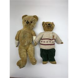 Five English teddy bears c1930s-50s including wood wool filled Chiltern bear with swivel jointed head, glass eyes, plastic dog type nose, inoperative musical movement and jointed limbs with velvet pads H16.5